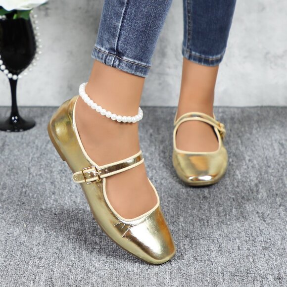 Gold Cushioned Insole Classic Mary Jane Ballet Flat Adjustable Ankle Strap - Picture 5 of 11